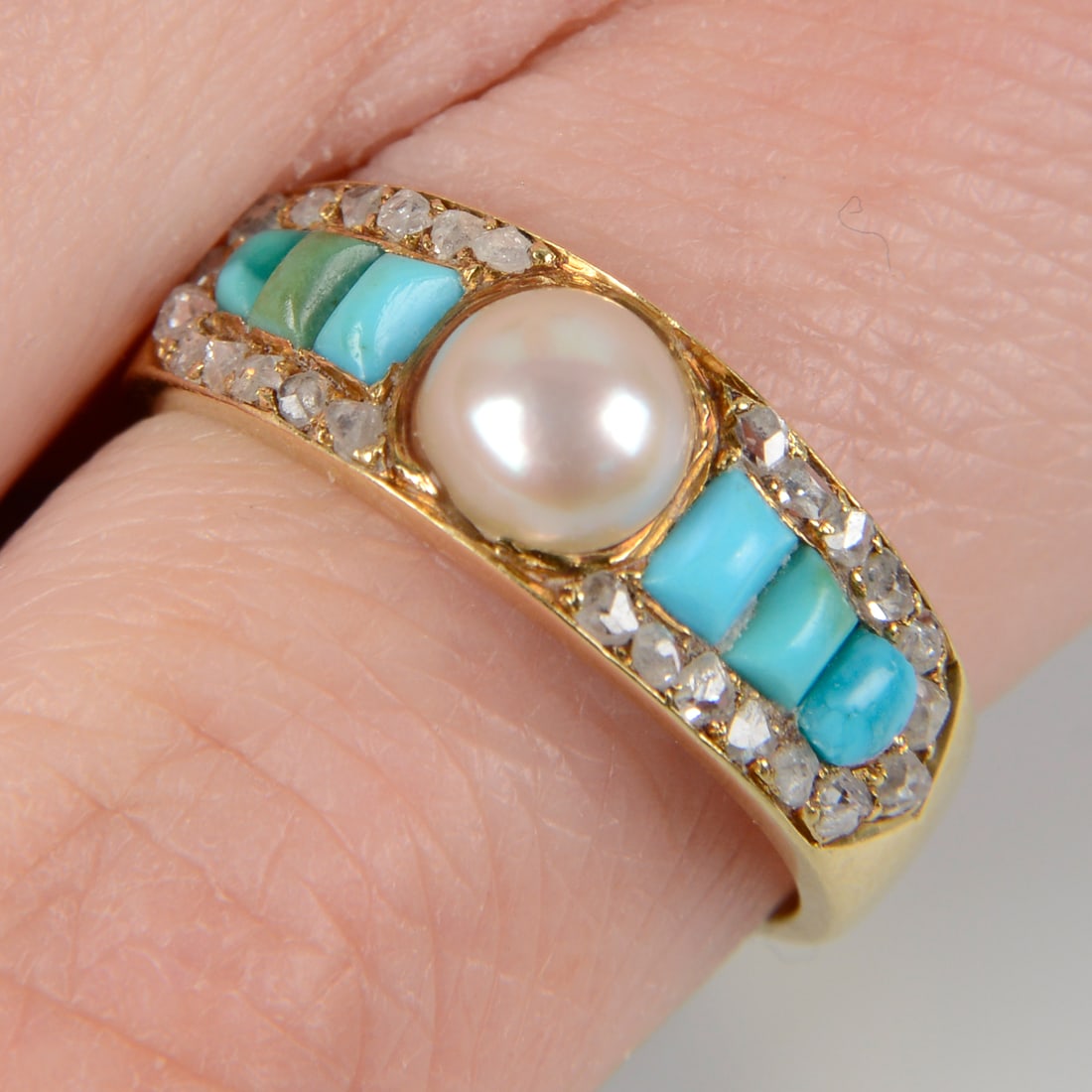 Mid to late Victorian gold split pearl, turquoise and diamond point ring.Engraved ' Quits ' to (1 of 4)