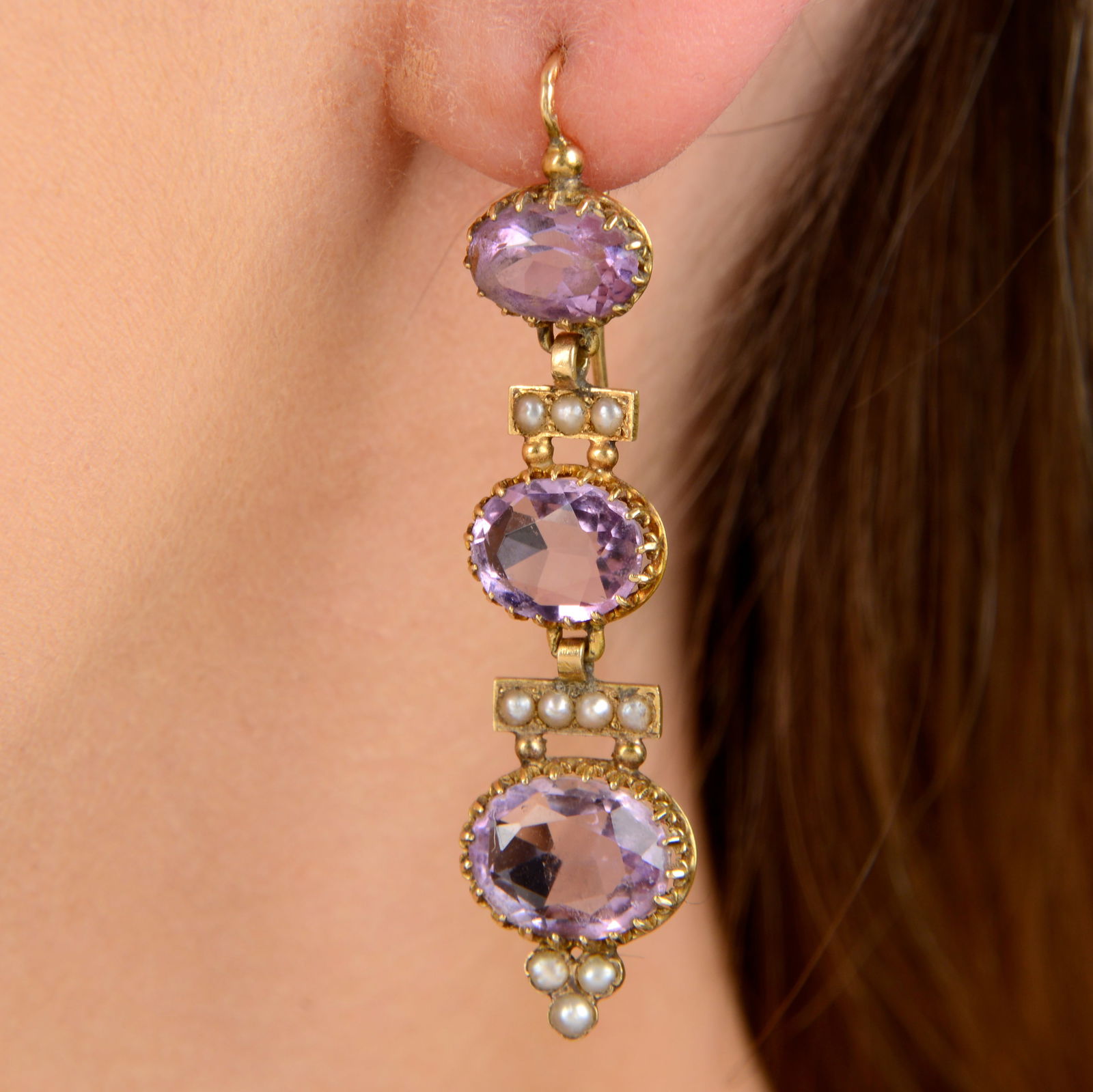A pair of 19th century gold graduated amethyst and split pearl earrings. French assay marks. Length (1 of 4)