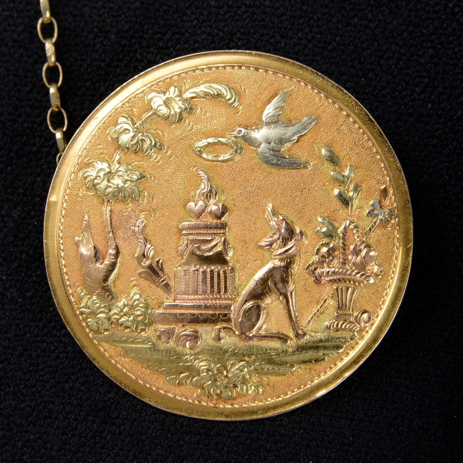 A Georgian tricolour gold sentimental love token brooch, depicting twin hearts aflame atop a (1 of 4)