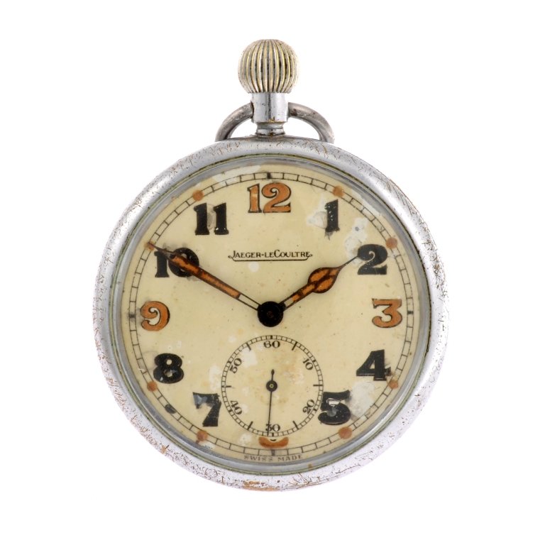 A small group of four pocket watches.: A group of four pocket watches, to include a base metal keyless wind open face military issue pocket watch signed Jaeger LeCoultre. Recommended for spare or repair purposes only.