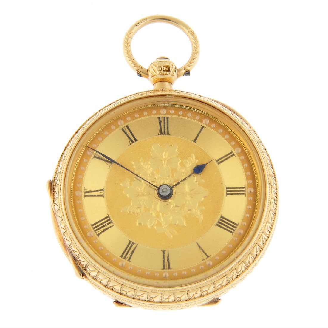 A pocket watch by C. Moody, 37mm.: An open face pocket watch by C. Moody. 18ct yellow gold case, hallmarked Birmingham 1897. Case width 37mm. Signed key wind three quarter plate movement with ratchet tooth lever escapement. Gilt dial w