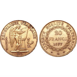 France, Third Republic AV 20 Francs.: France, Third Republic AV 20 Francs. Paris mint, 1877. Engravers: Augustin Dupr&#233; & Henri-Auguste Patey; Mint masters: D&#233;sir&#233;-Albert Barre & Alfred Renouard de Bussi&#232;re. REPUBLIQUE