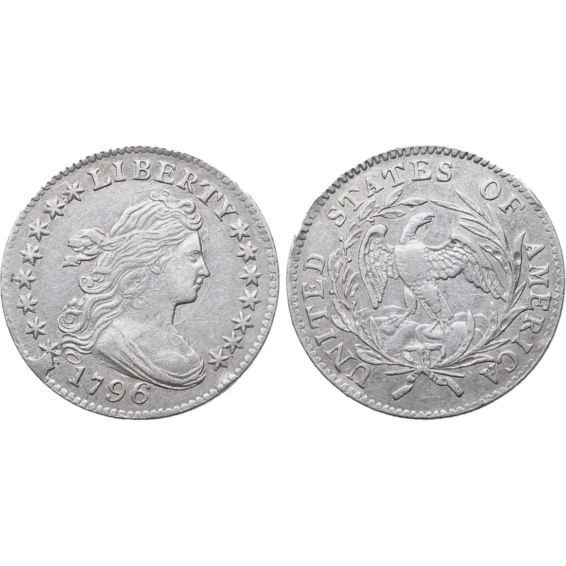 United States of America AR 1 Dime.: United States of America AR 1 Dime. Philadelphia mint, 1796. Designer: Gilbert Stuart; Engraver: Robert Scot. Draped bust of Liberty to right, LIBERTY above, 1796 below and 15 stars around / UNITED ST