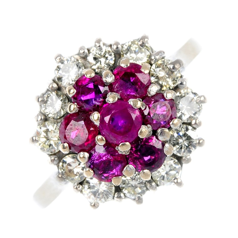 A ruby and diamond cluster ring.