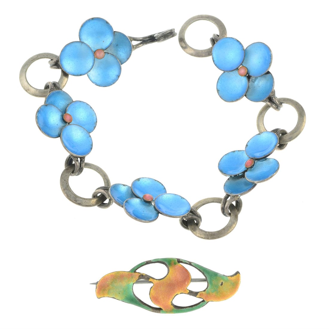 Two Arts & Crafts silver & enamel jewellery: Two Arts & Crafts silver & enamel jewellery, one by Bernard Instone. To include a brooch and a bracelet. Hallmarks for silver, partially indistinct. Length of brooch 3.7cms. Length of bracelet 18.5cms