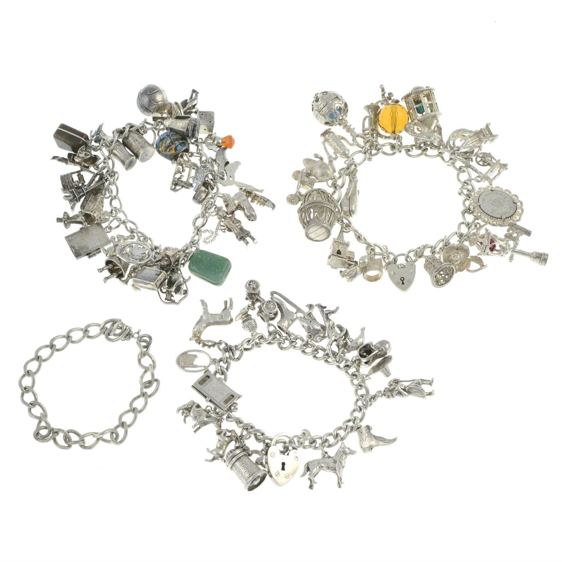 Three charm bracelets & a chain: Three charm bracelets, each suspending a selection of charms, some with marks and hallmarks for silver, lengths 16 to 18cms, total weight 226.2gms. A curb-link chain, length 18cms, 11.3gms. Cond