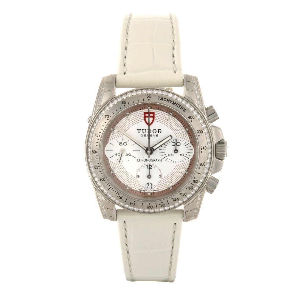 (76401) A stainless steel automatic gentleman's Tu: (76401) TUDOR - a stainless steel automatic chronograph Lady Chrono wrist watch, the white dial with hourly applied diamond dot markers, date aperture set to six o'clock, subsidiary recorder dials to 