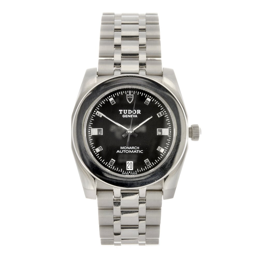 (76401) (12) A stainless steel automatic gentleman: (76401) TUDOR - a stainless steel automatic gentleman's Monarch bracelet watch, the black dial with hourly applied silvered markers, bordered by a minute track, date aperture to six o'clock, tonneau s
