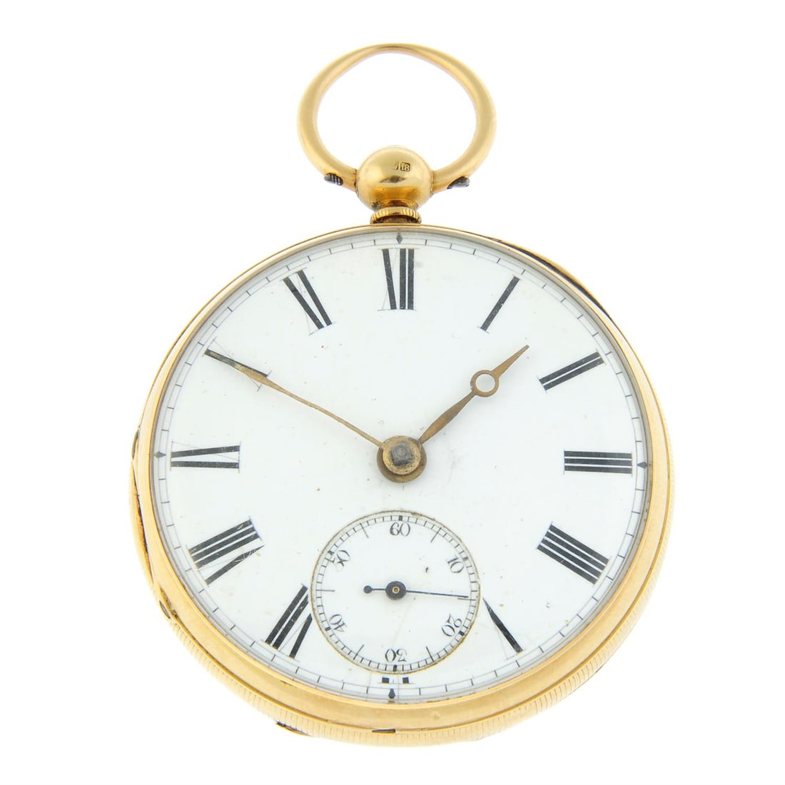 An open face pocket watch, 49mm.: An open face pocket watch. 18ct yellow gold case, hallmarked Chester 1881. Case width 49mm. Numbered 6905. Unsigned key wind movement with ratchet tooth lever escapement. White dial. 100g. Condition R