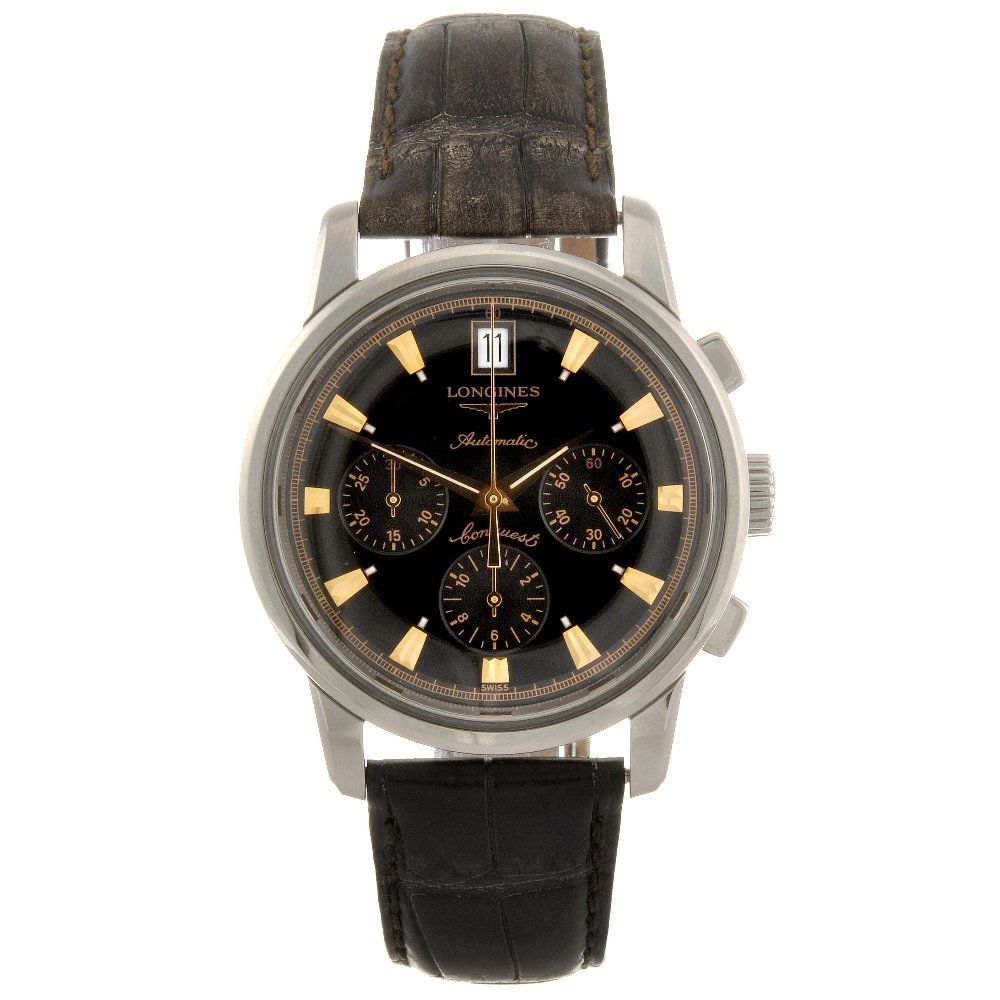 A stainless steel automatic gentleman's Longines Co: LONGINES - a stainless steel automatic chronograph gentleman's Conquest wrist watch, the black dial with hourly applied gilt markers, date aperture set to twelve o'clock, subsidiary recorder dials to