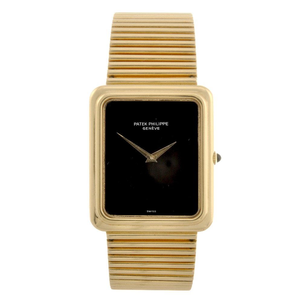 An 18k gold manual wind gentleman's Patek Philippe: PATEK PHILIPPE - an 18k gold manual wind gentleman's bracelet watch, the plain black dial, rectangular shaped case, numbered 3649-1 2759632, fitted to an 18k gold link bracelet with clasp, signed cali