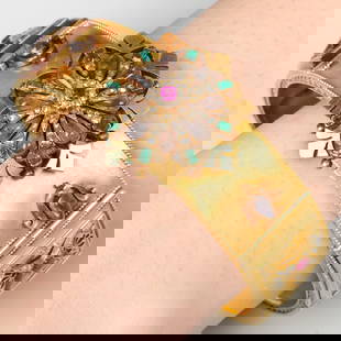 A mid to late Victorian gold, enamel, rose-cut diamond and gem-set hinged bangle, by Carlo Giuliano.: A mid to late Victorian gold, enamel, rose-cut diamond and gem-set hinged bangle, by Carlo Giuliano. Inner diameter 6.7cms. 67.4gms.