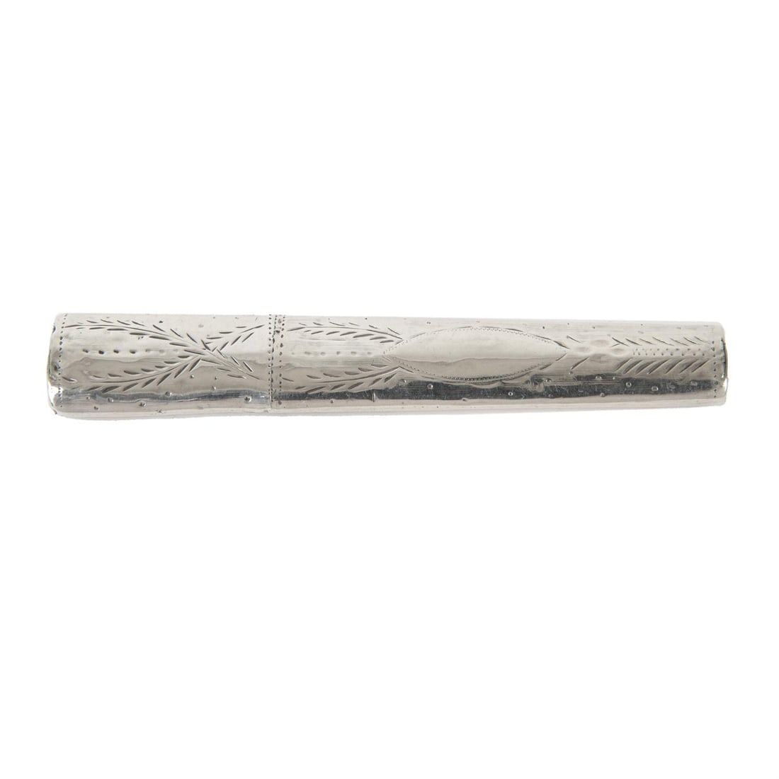George III silver needle case.: A George III silver needle case, each side having engraved entwinned reed pattern, one with elliptical vacant cartouche. Hallmarked Samuel Pemberton, Birmingham probably 1791. Length 8.8cm, weight 9g.