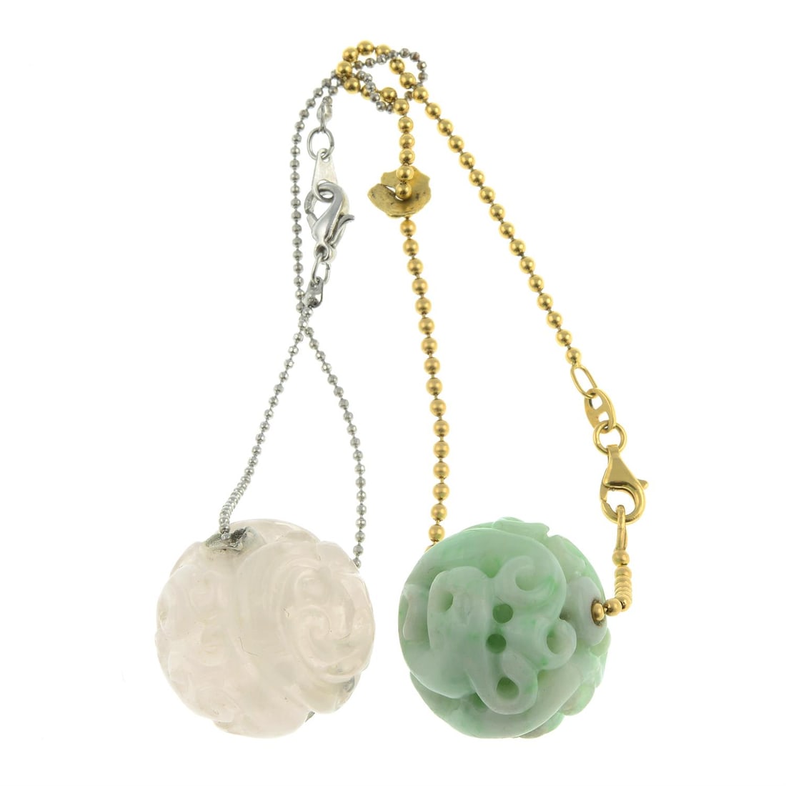 Jade & rose quartz bracelets: A carved jade and a carved rose quartz ball-link chain bracelets. One stamped 750, Italian marks. Length 19 to 20cms. Total weight 34.6gms. Jade untested. Condition Report: Metal with some surface scr