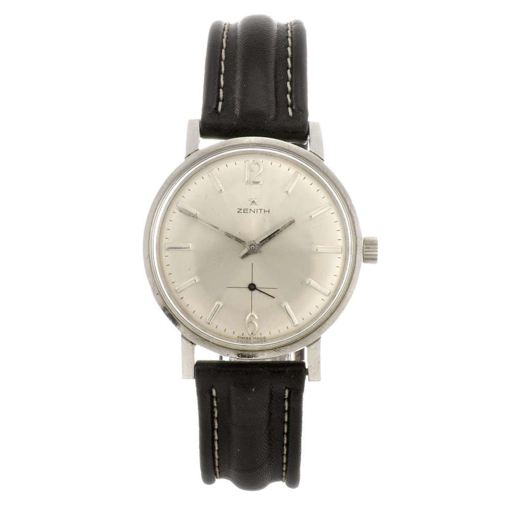 A stainless steel manual wind gentleman's Zenith w: ZENITH - a stainless steel manual wind gentleman's wrist watch, the silvered dial with hourly applied batons, Arabic numeral twelve and six, subsidiary seconds dial to six o'clock, circular shaped cas