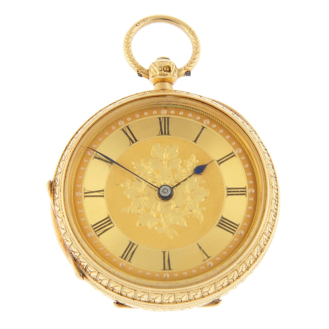 A pocket watch by C. Moody, 37mm.: An open face pocket watch by C. Moody. 18ct yellow gold case, hallmarked Birmingham 1897. Case width 37mm. Signed key wind three quarter plate movement with ratchet tooth lever escapement. Gilt dial w