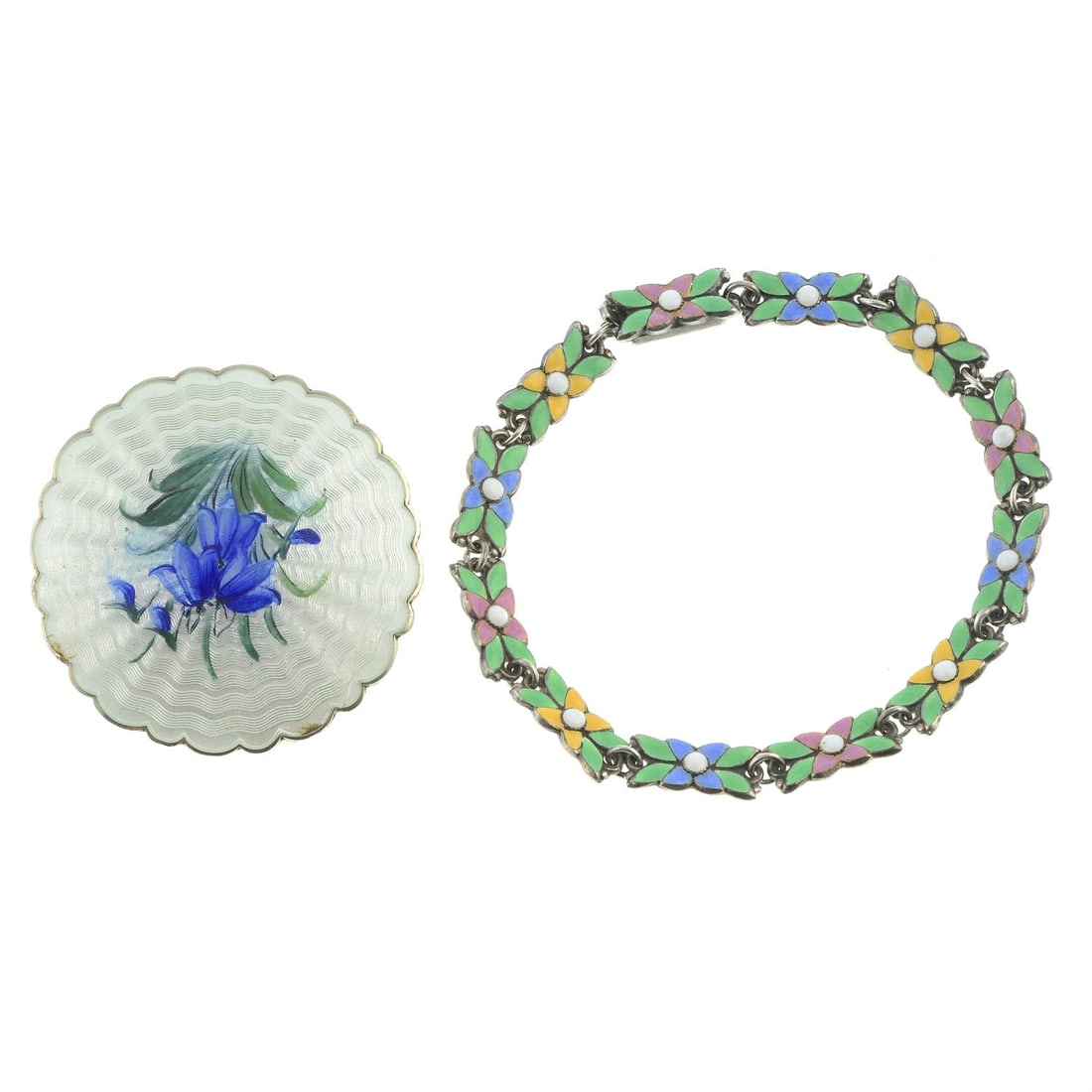 Mid 20th century jewellery, Ivar. T Holth & David Anderson: A mid 30th century silver floral brooch, by Ivar T. Holth, stamped 925S, length 4.1cm, 18.5gm. A mid 20th century silver vari-hue floral bracelet, by Bernard Instone, stamped silver, length 18cm, 11.4