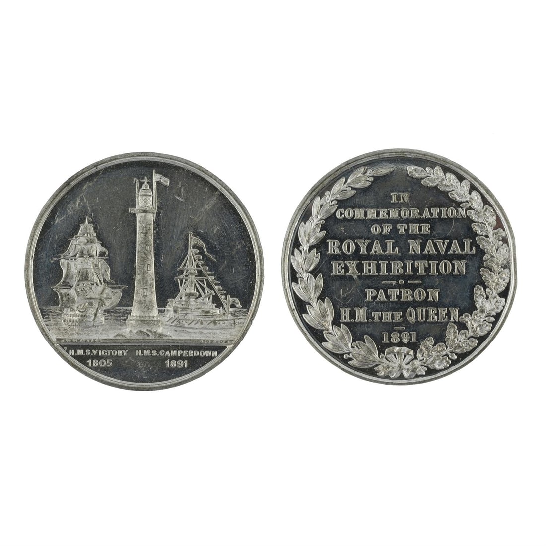 United Kingdom. Royal Naval Exhibition White Metal Medal.: United Kingdom. Royal Naval Exhibition White Metal Medal. 1891. Medallist: A.W. Warner, London. Eddystone lighthouse between two ships; H. M. S. VICTORY 1805, H.M. S. CAMPERDOWN, 1891 in exergue / IN