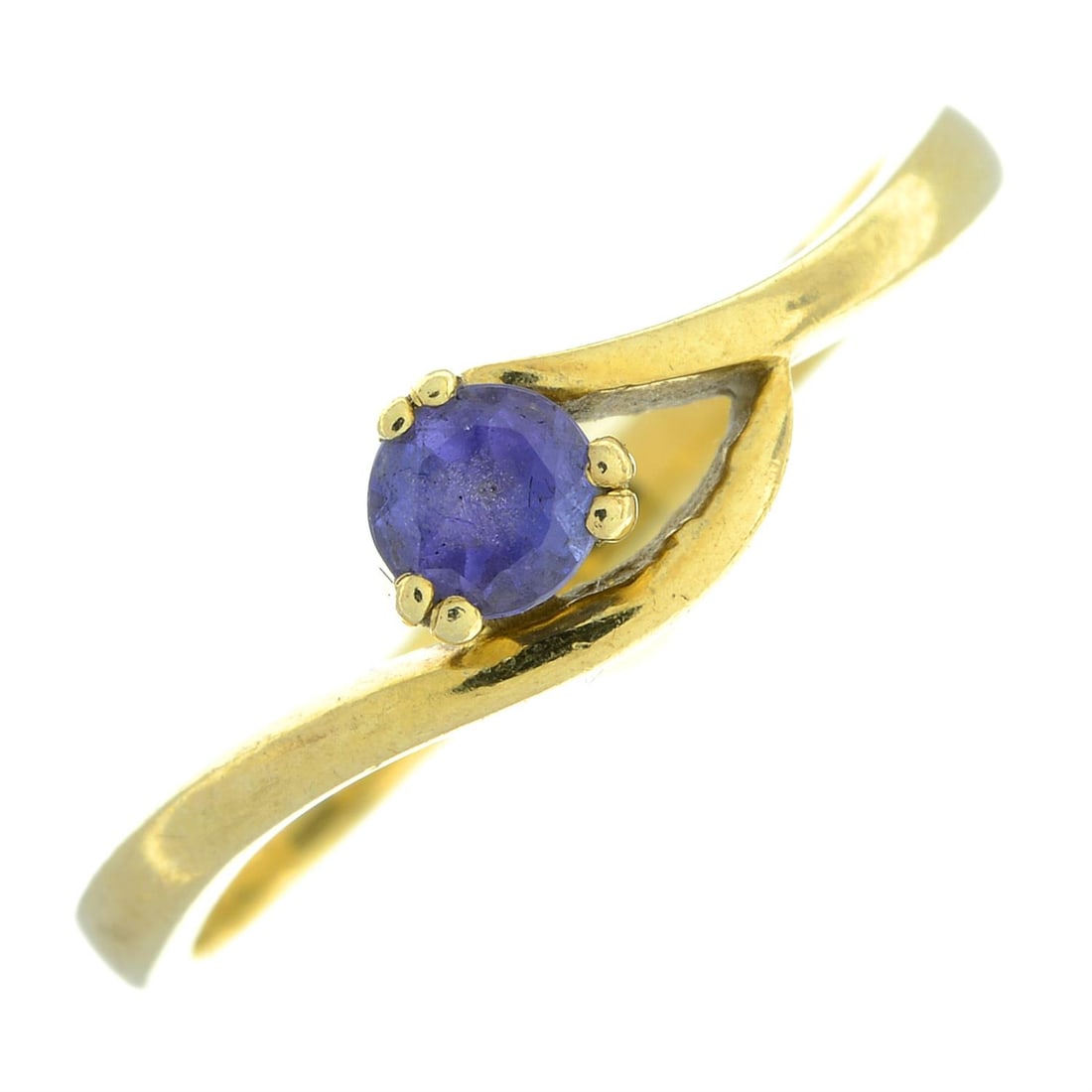 Tanzanite single-stone ring: An tanzanite single-stone ring. Stamped 18K. Ring size L1/2. 2gm. Condition Report: Some surface scratches/ wear, discolouration and minor dents in keeping with general age and wear.Tanzanite medium p
