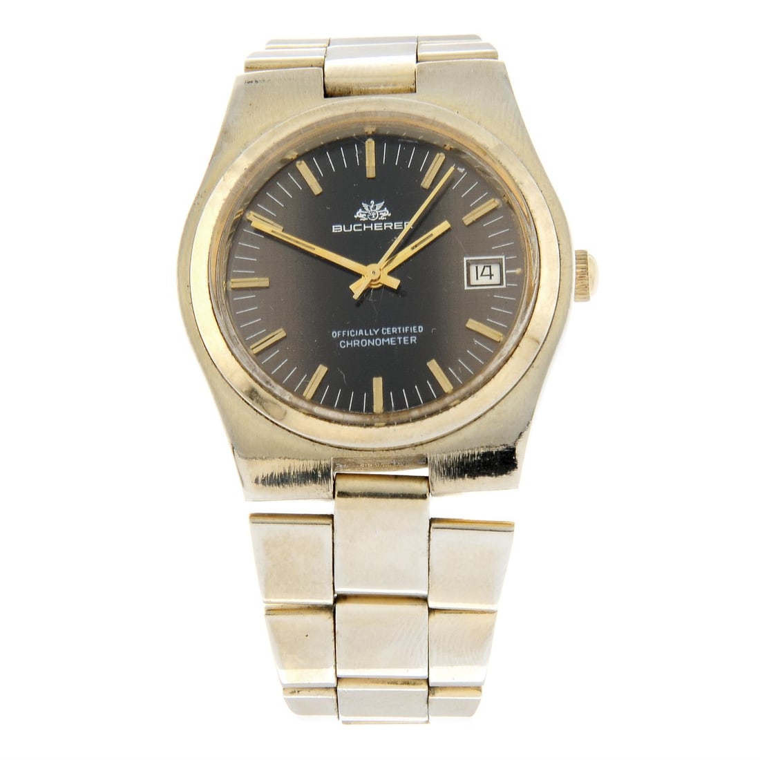 Bucherer - a watch, 37mm.: Bucherer - a bracelet watch. Gold plated case with stainless steel case back. Case width 37mm. Numbered 1853. Signed automatic movement. Dark brown dial. Fitted to a signed gold plated bracelet with f