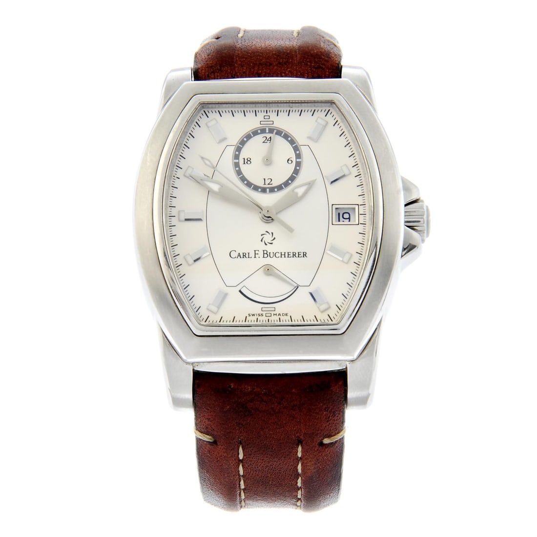 Carl F Bucherer - a Patravi watch, 36mm.: Carl F. Bucherer - a Patravi wrist watch. Stainless steel case. Case width 36mm. Numbered 10612.08 10.0396. Signed automatic movement. Silvered dial. Fitted to a signed brown leather strap with stainl