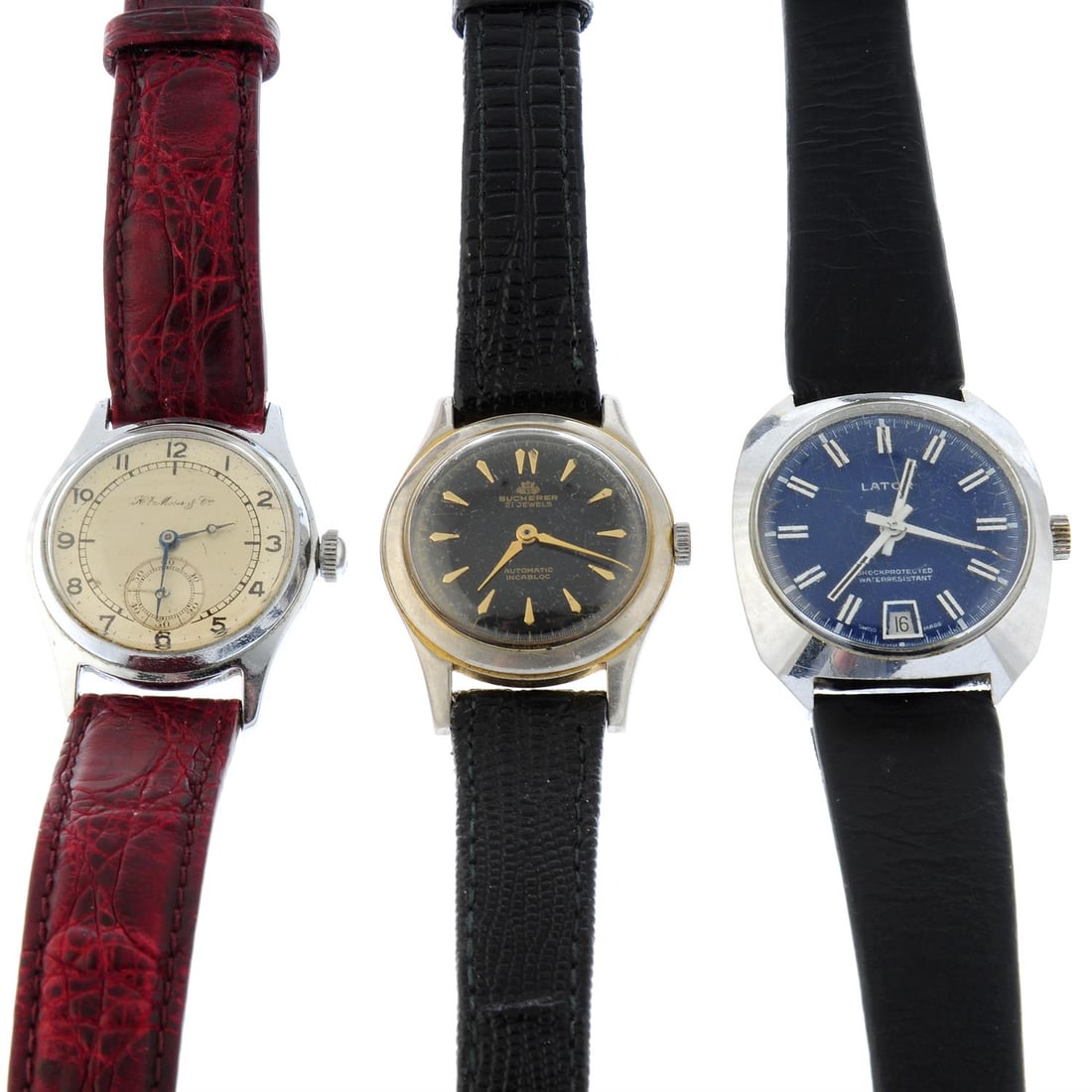 Moser - a watch (33mm) with a Bucherer and Lator watch: Moser - a wrist watch. Nickel plated case with stainless steel case back. Case width 33mm. Signed manual wind movement. Silvered dial. Fitted to an unsigned burgundy crocodile strap with gold plated p