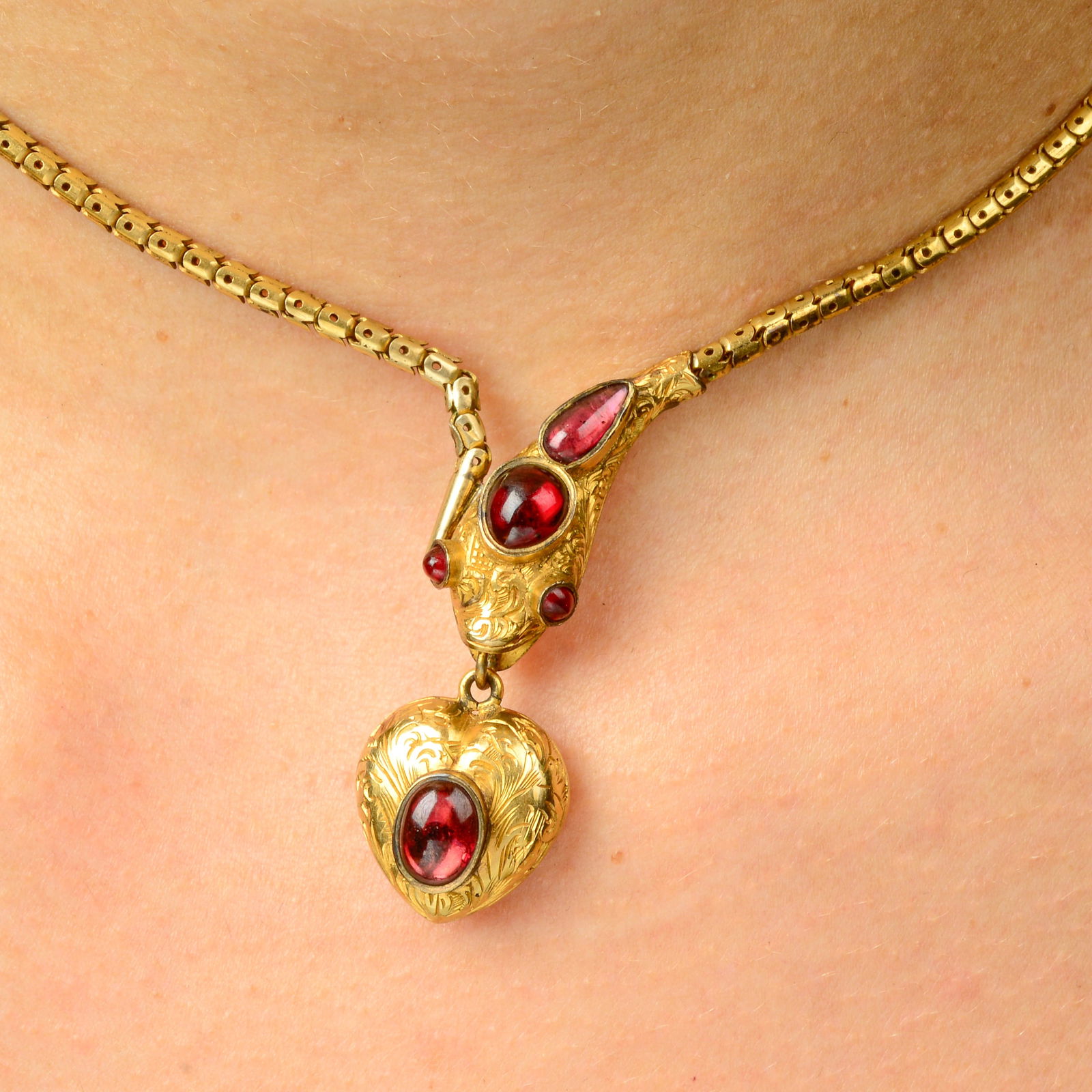 Victorian snake necklace, with heart locket drop, garnet highlights and red paste eyes. Length (1 of 6)