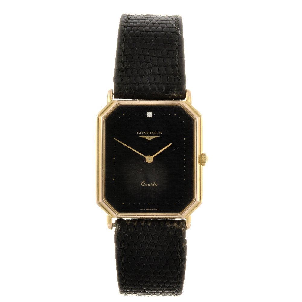 A gold plated quartz gentleman's Longines wrist wat: LONGINES - a gold plated quartz gentleman's wrist watch, the black textured dial with stone set to twelve o'clock, minute track, rectangular case with cut corners, stainless steel rear, numbered 19575