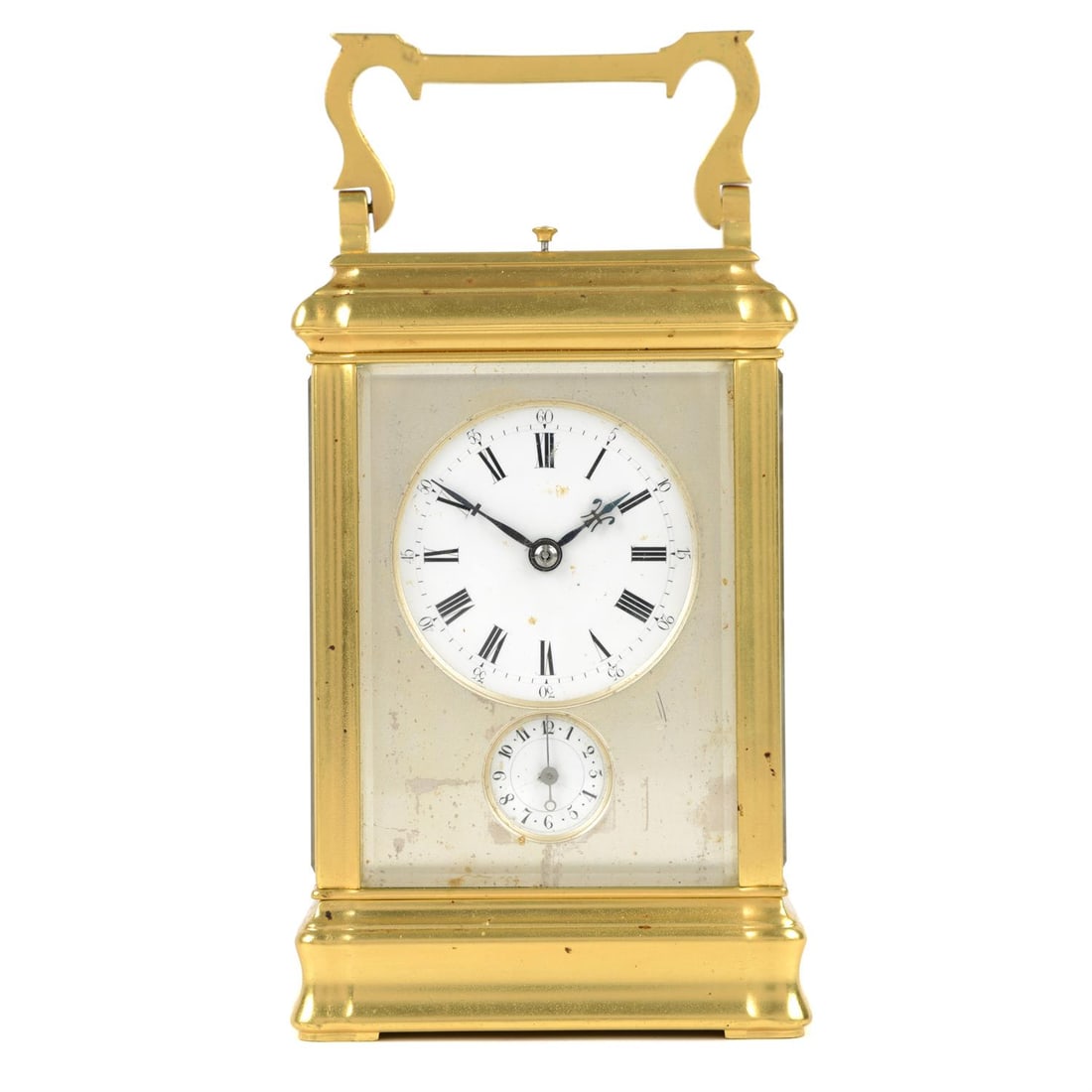 Arsene Margaine Gorge cased Grand and Petit Sonnerie repeater carriage clock: A late 19th century French Arsene Margaine Gorge cased Grand and Petit Sonnerie carriage clock with alarm, the silvered masked dial with white enamel dial and lower subsidiary dial, push button repeat