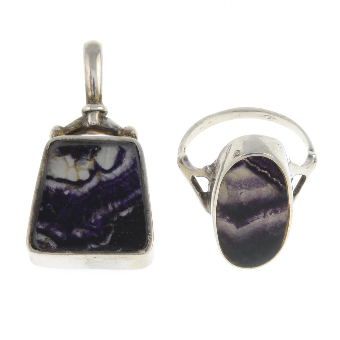 Blue John ring & pendant, one David Walker: A silver 'Blue John' fluorite and onyx pendant, by David Scott Walker, with maker's mark, hallmarks for Sheffield, 2021, length 3.5cms, 7.4gms. A 'Blue John' fluorite ring, with mother-of-pearl backin