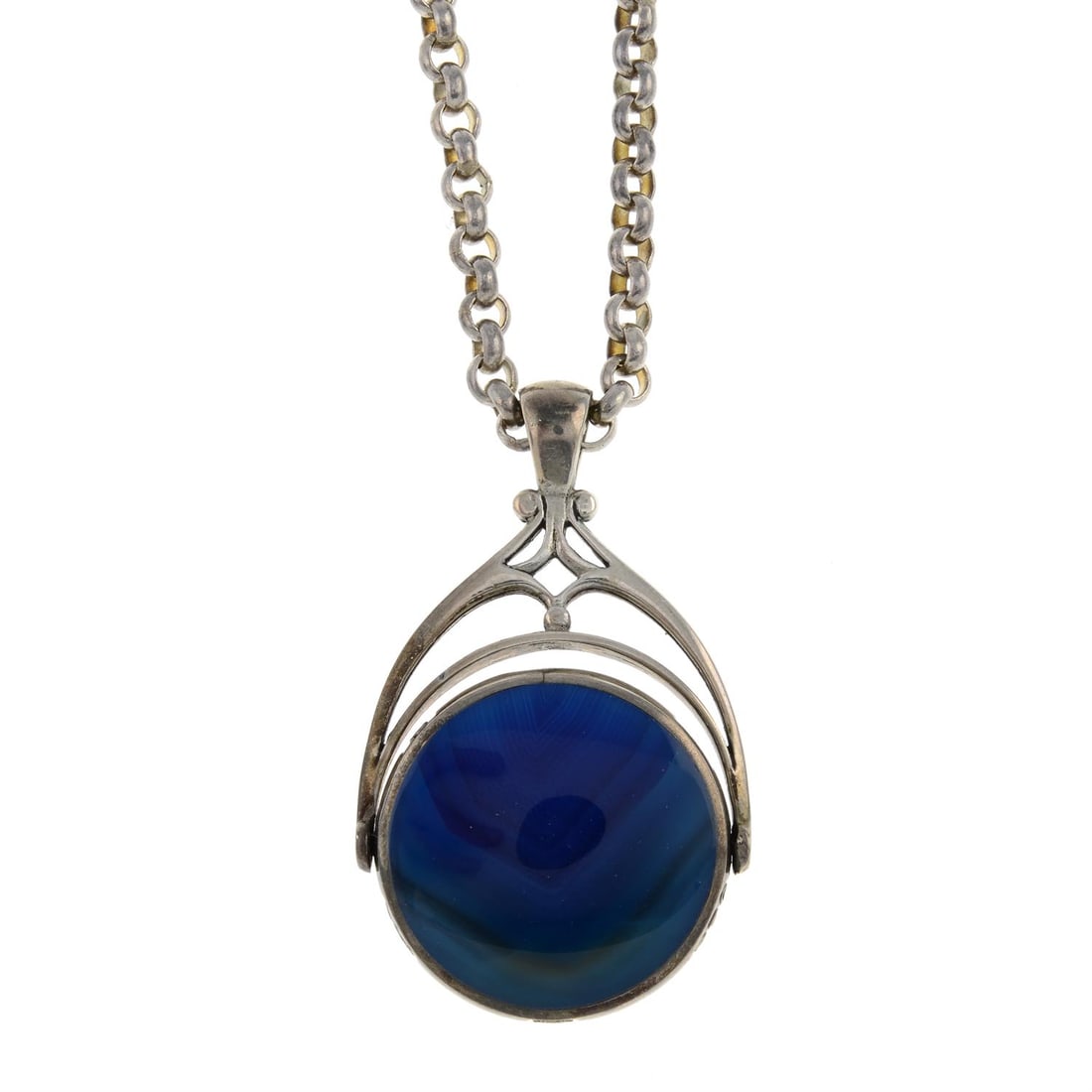 Silver banded agate swivel fob with chain: A silver banded agate swivel fob pendant, with silver chain. Fob with maker's marks for David Scott Walker. Hallmarks for Sheffield and Birmingham. Length of pendant 5.1cms. Length of chain 50cms. 40.