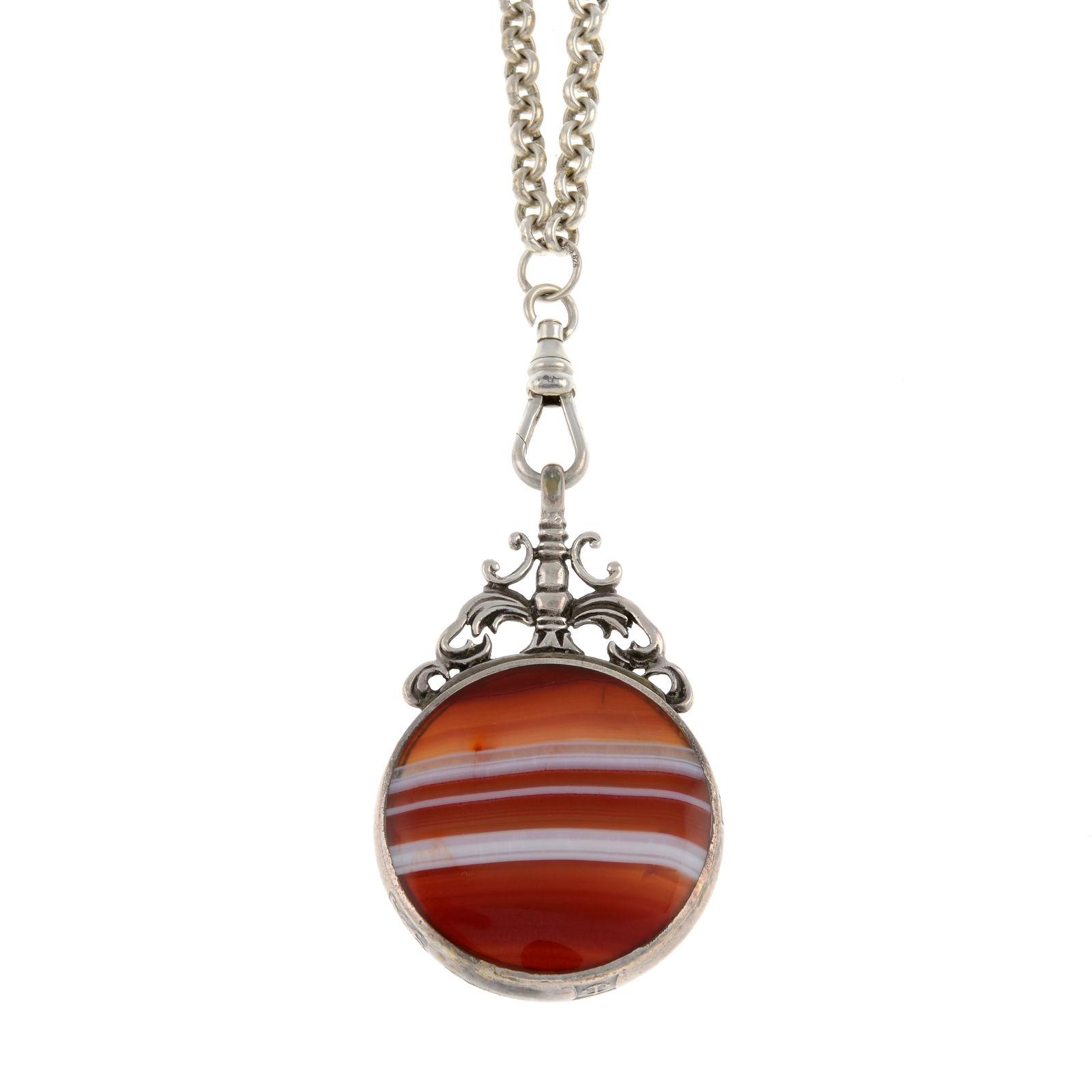 Silver agate fob pendant, with chain: A silver agate fob pendant, with silver chain. Pendant with maker's marks for David Scott Walker. Hallmarks for silver. Length of pendant 5.4cms. Length of chain 74cms. 54.7gms. Condition Report: