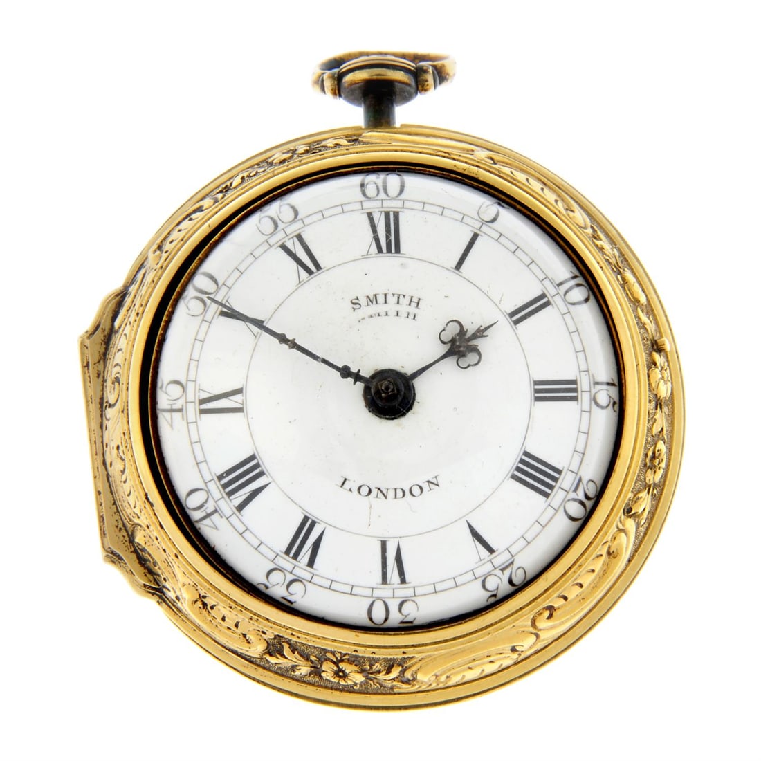 Pair case pocket watch by J. Smith: A pair case pocket watch by James Smith. Yellow metal cases which repousse decoration to outer case, testing as 22ct gold. Outer case 48mm. Signed key wind full plate fusee and chain movement with ver