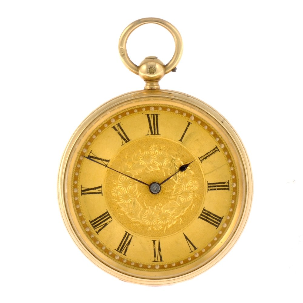 An 18ct gold key wind open face John Walker pocket: An 18ct gold key wind open face pocket watch by John Walker, the gilt tone dial with hourly applied black Roman numerals, floral and foliate design to the centre, outer minute track, ornately decorate