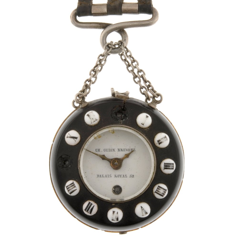 A resin case key wind half hunter fob watch signed : A resin cased key wind half hunter fob watch signed Charles Oudin, the white enamel dial with black Arabic numeral hour markers, the case, the front with bulbous white orbs having applied Roman numera