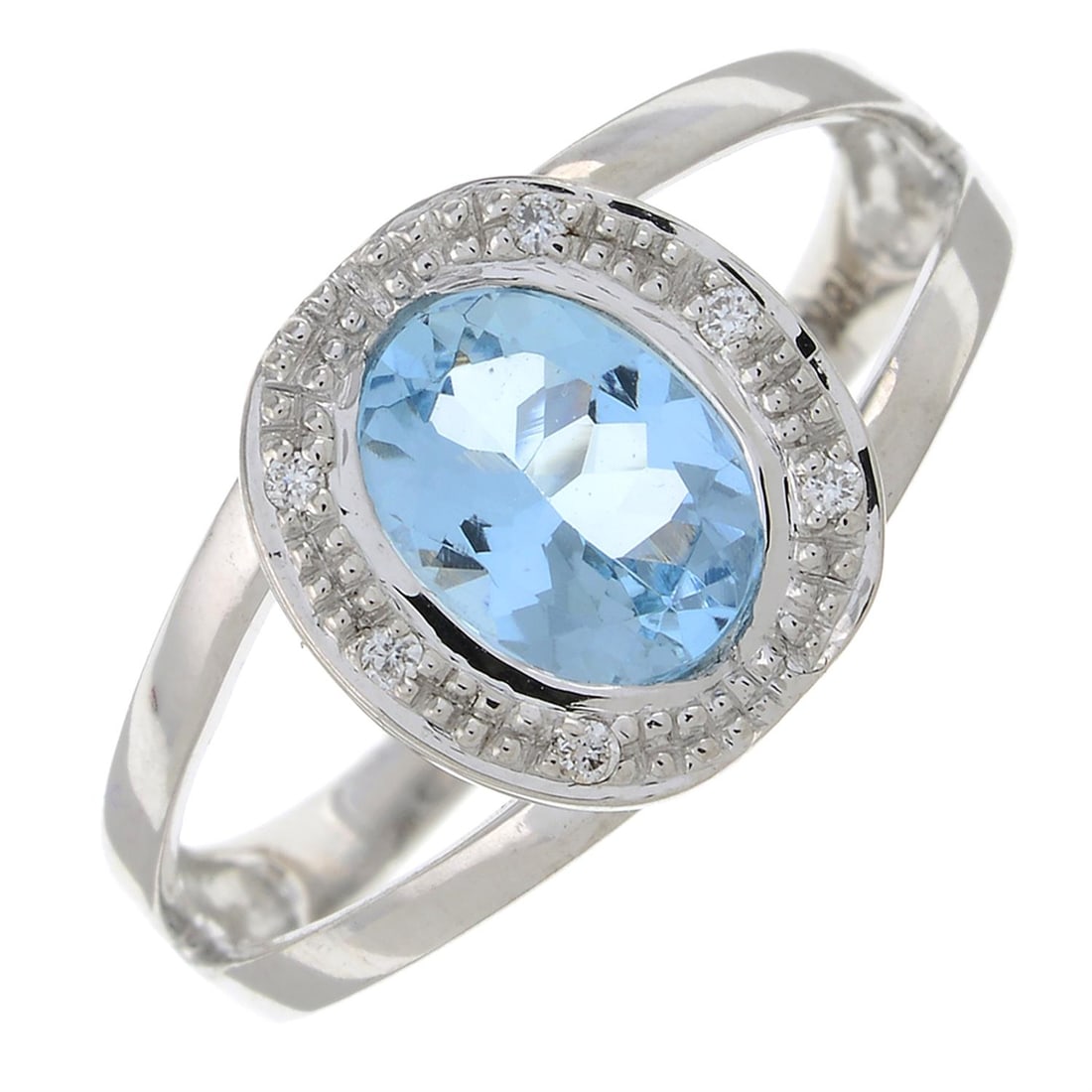 Aquamarine & diamond ring: Aquamarine & pave-set diamond dress ring. Stamped 18K. Ring size N. 3.5gm. Condition Report: Overall condition good. Minor surface scratches/wear in keeping with general age and wear. Diamonds