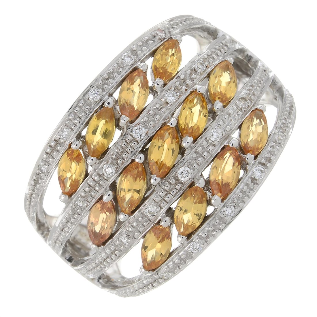 Citrine & diamond dress ring: Citrine and pave-set diamond dress ring. Stamped 18k. Ring size N. 6.3gm. Condition Report: Overall condition good. Minor surface scratches/wear in keeping with general age and wear. Diamonds f