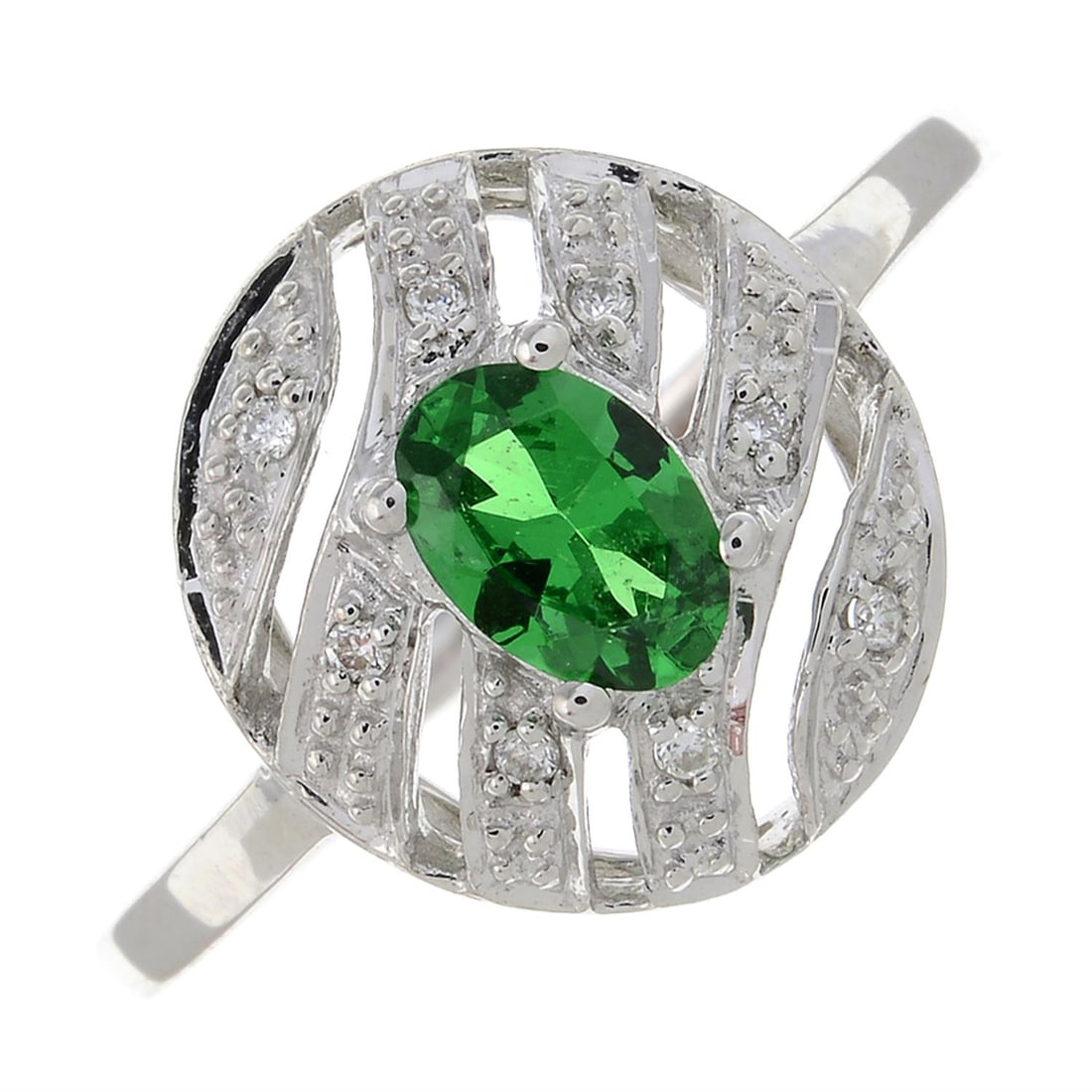 Tsavorite garnet & diamond ring: Tsavorite garnet & diamond ring. Stamped 18k. Ring size N1/2. 2.3gm. Condition Report: Overall condition good. Minor surface scratches/wear in keeping with general age and wear. Diamonds fairly
