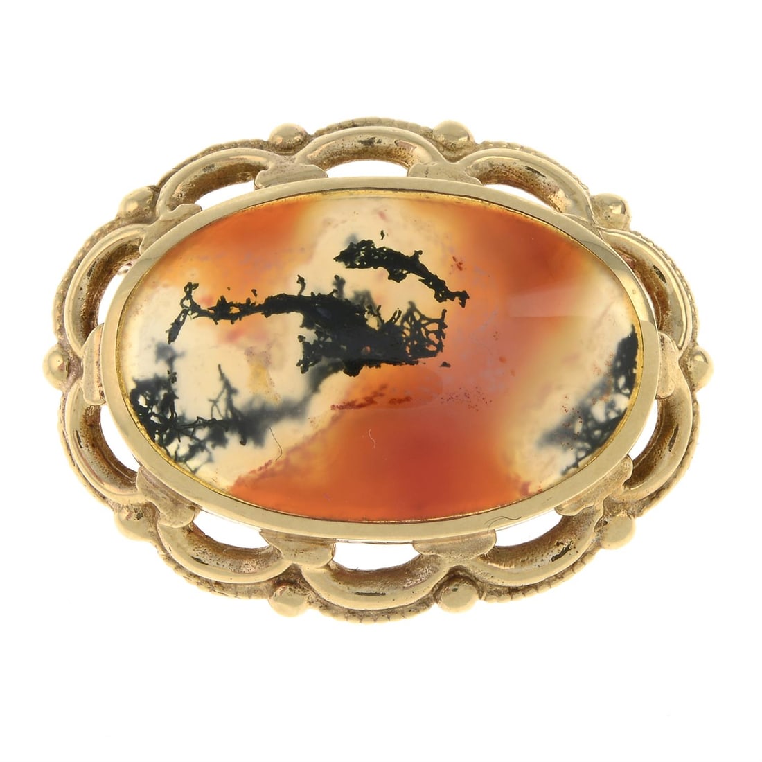 9ct gold moss agate brooch, David Scott Walker: A 9ct gold moss agate brooch, by David Scott Walker. Hallmarks for Sheffield, 1990. Length 3cms. 8.7gms. Condition Report: Maker's mark 'DSW'. Some surface wear/scratches and areas of discolouration.