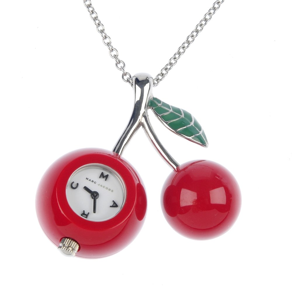 MARC by MARC JACOBS - a cherry 'bauble pendant' wa: MARC by MARC JACOBS - a cherry 'bauble pendant' watch, together with two D&G wrist watches. Length of pendant watch 4cms. Length of chain 27cms. Each with maker's case.