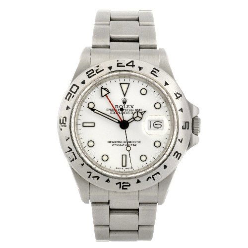 (062787) A stainless steel automatic gentleman's R: (062787) ROLEX - a stainless steel automatic gentleman's Oyster Perpetual Date Explorer II bracelet watch circa 1986, the white dial with hourly applied luminous markers, date aperture set to three o'