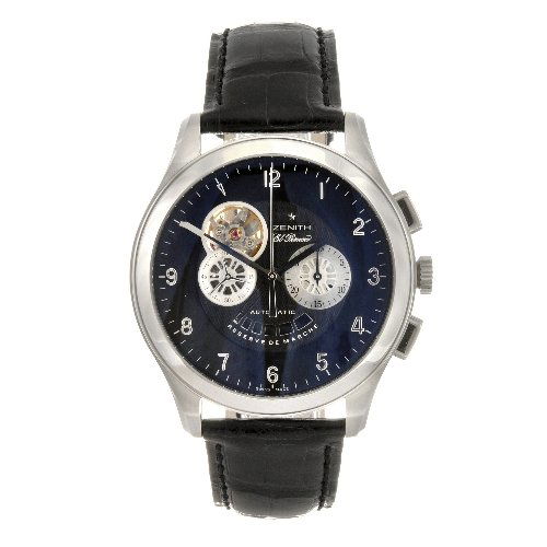 (76027) A stainless steel automatic gentleman's Ze: (76027) ZENITH - a stainless steel automatic chronograph gentleman's El Primero wrist watch, the black dial with hourly applied silvered Arabic numerals, subsidiary silvered recorder dials to three an