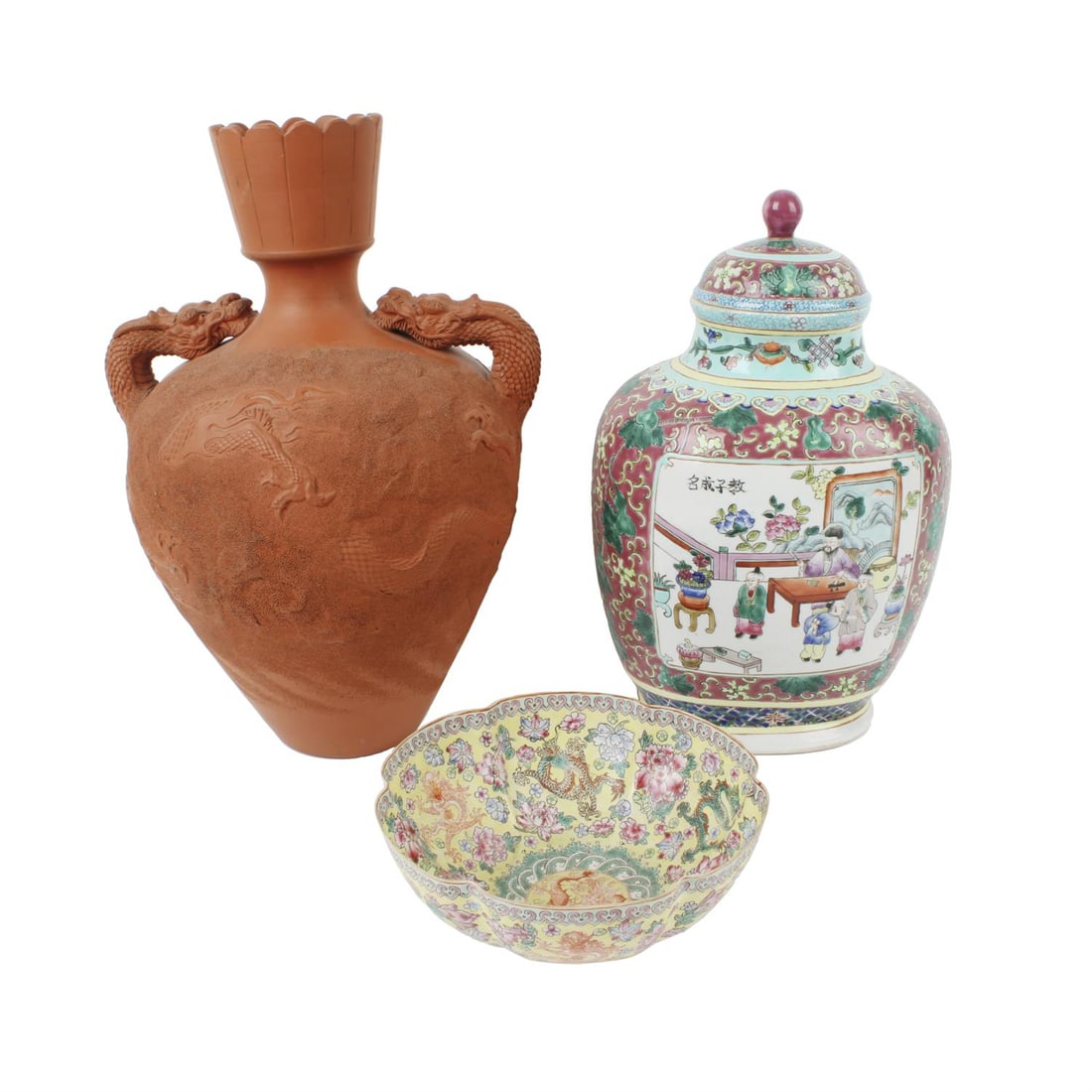 Assorted Asian ceramics: A large Japanese redware twin handled vase of bulbous form decorated in low relief with dragons amidst clouds, the moulded handles as dragon heads, impressed character marks, height 38cm together with