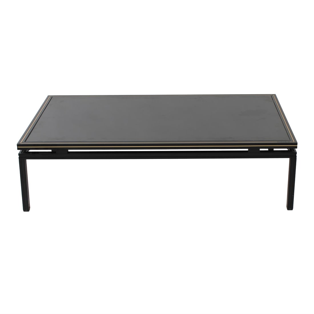 Pierre Vandel coffee table and matching nest of tables: A 1970s Pierre Vandel coffee table, 125cm x 75cm x 34cm together with a matching nest of tables, largest 49.5cm x 41cm x 38, all in black with brass trim detailing and black glass tops Conditio
