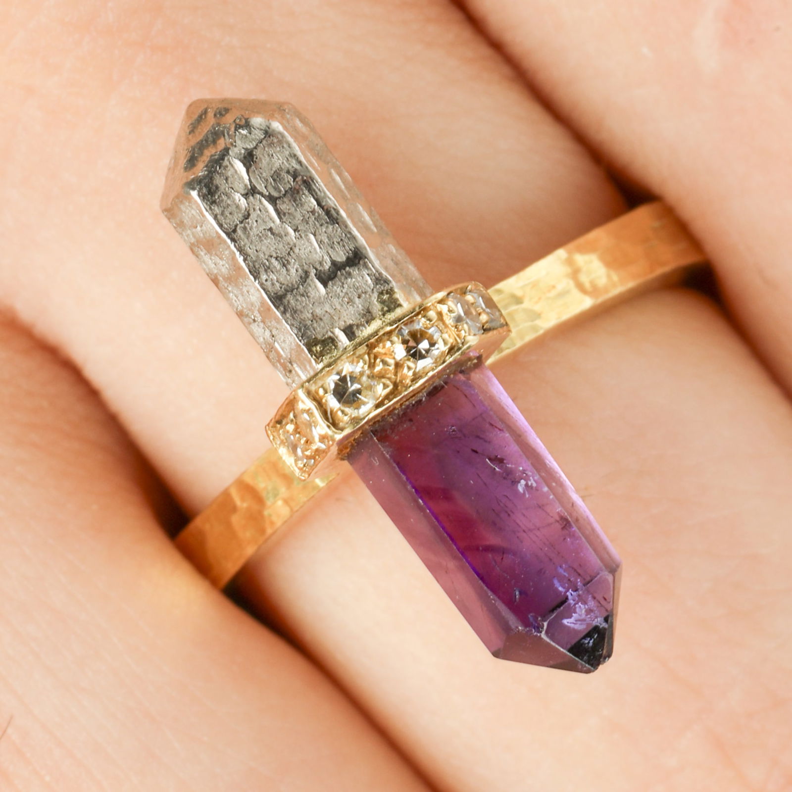 1970s 18ct gold amethyst & diamond ring, by Grima: A 1970s 18ct gold amethyst and diamond ring, by Grima. Hallmarks for London, 1971. Approximate ring size L. 8gms.