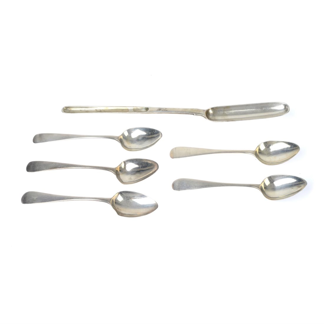 George III silver marrow scoop; plus five George III teaspoons. (6).: A George III silver marrow scoop, hallmarked Richard Crossley & George Smith IV, London 1808, length 23cm; together with five George III silver teaspoons, hallmarked Sarah & John William Blake, London