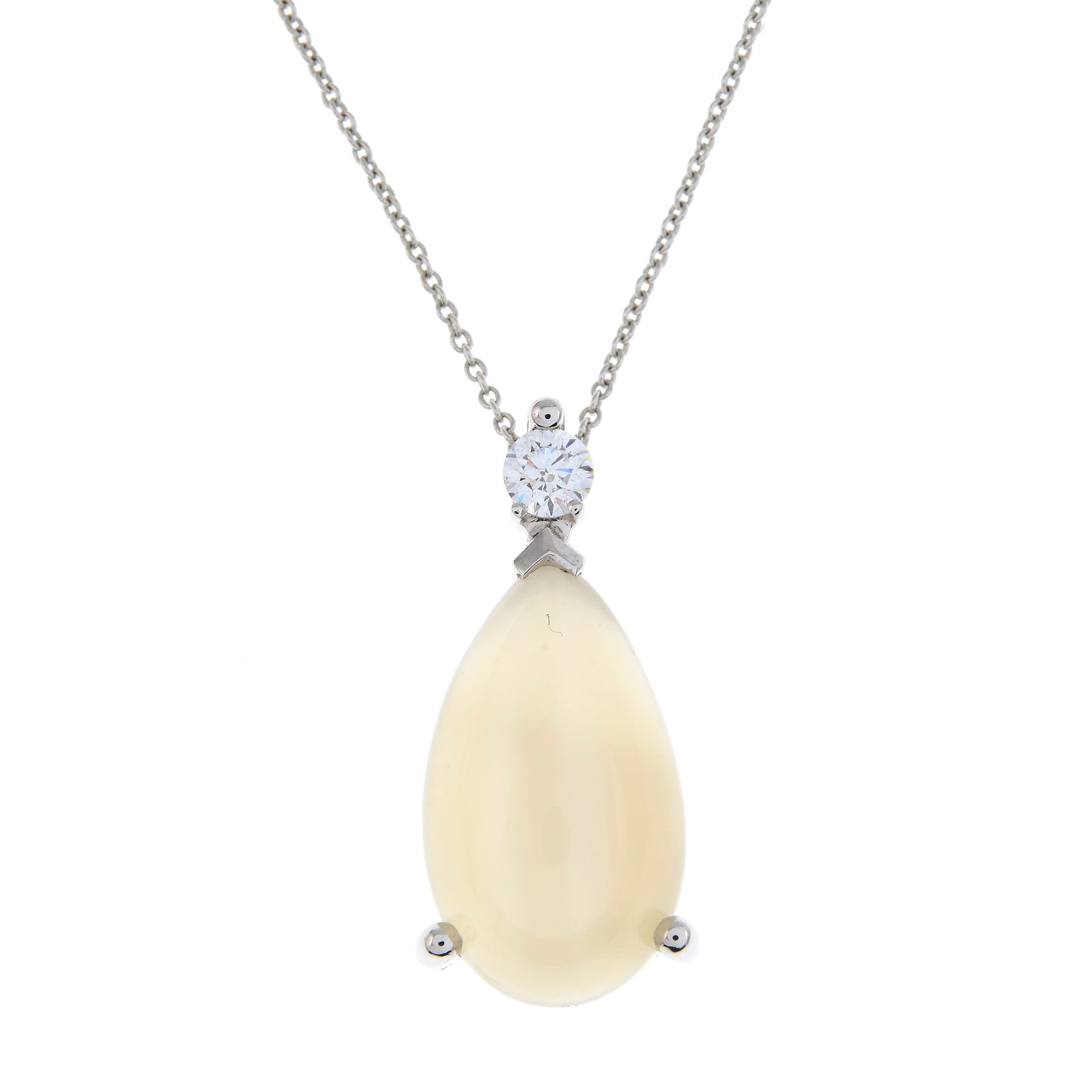 An 18ct gold pear-shape cats-eye moonstone and brilliant-cut diamond pendant, with 18ct gold: An 18ct gold pear-shape cats-eye moonstone and brilliant-cut diamond pendant, with 18ct gold chain.Moonstone weight 15.33ct.Diamond weight 0.38ct, estimated H-I colour, SI clarity.Hallmarks for Birmin