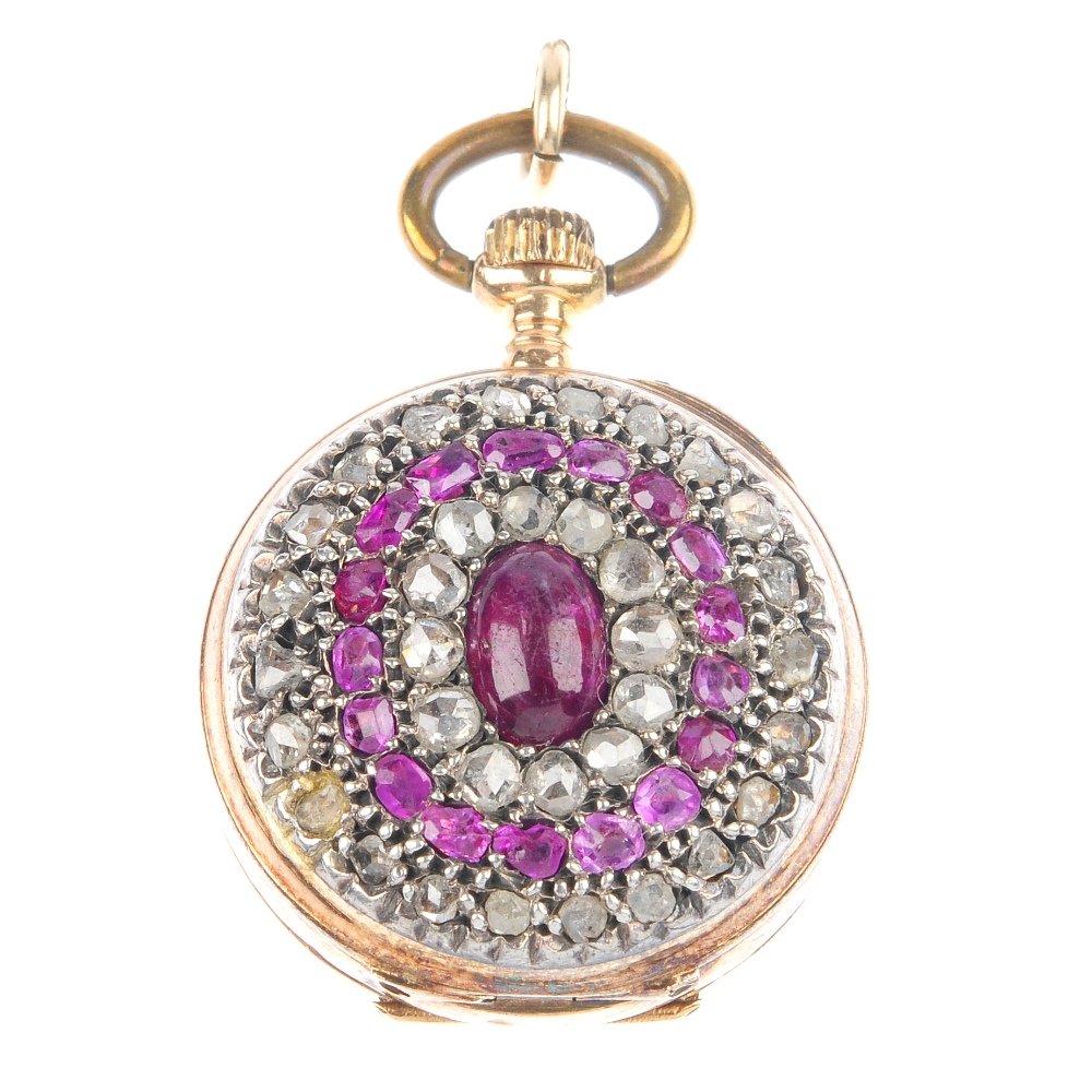 A continental late 19th century gold ruby and diam: A late 19th century continental gold ruby and diamond fob watch. The cream circular-shape dial, with blue roman numerals, the reverse set with an oval ruby cabochon, within a rose-cut diamond and circ