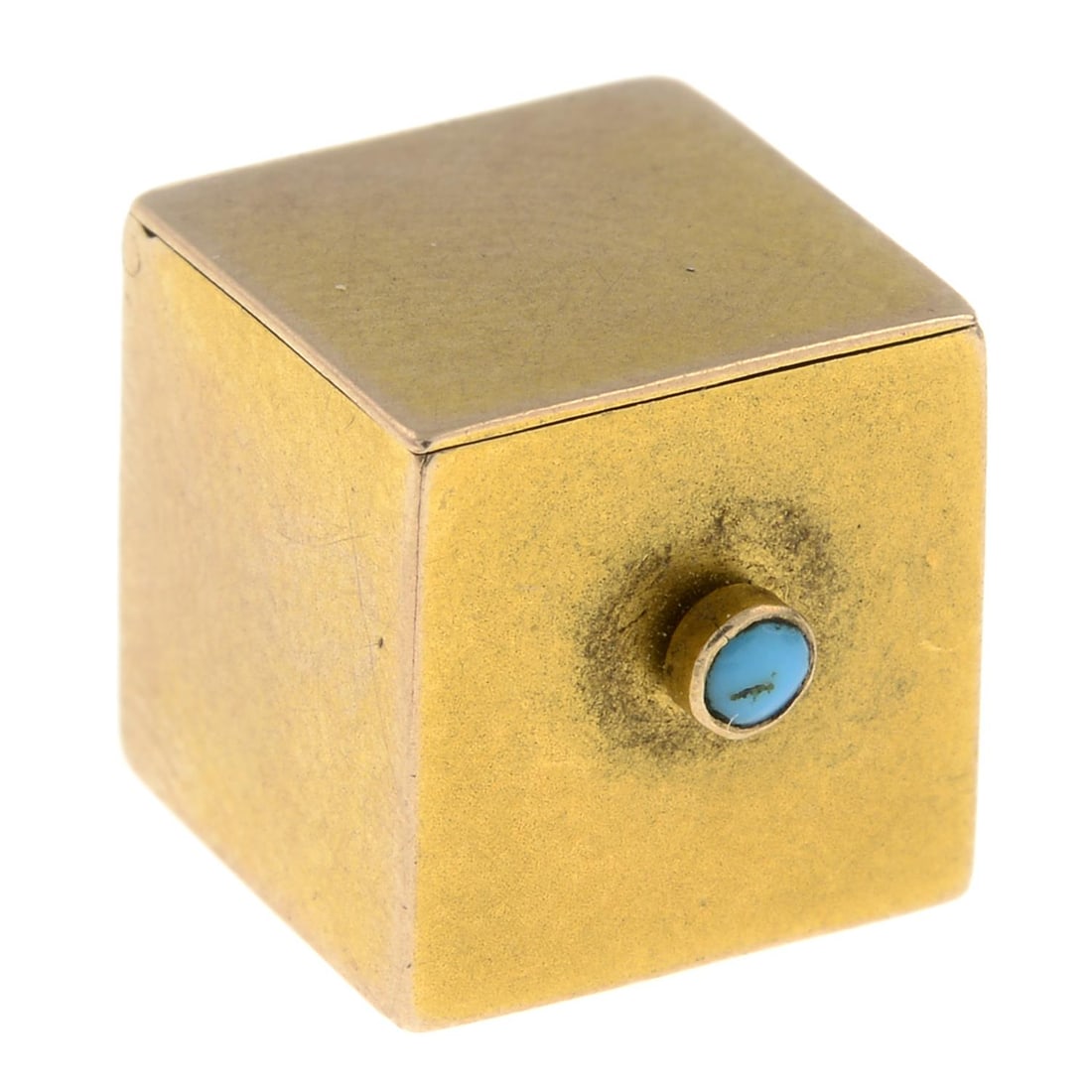 Late 19th turquoise 'Jack in the box' charm: A late 19th century turquoise 'jack in the box' charm. Stamped 9ct. Length 2.1cm. 2.7gm. Condition Report: