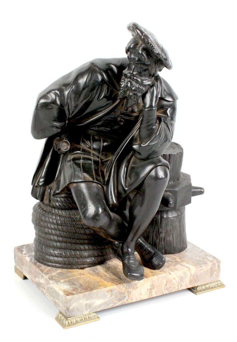19th century bronze of Christopher Columbus: A late 19 century bronze depicting Christopher Columbus seated on a coil of rope, in thinking pose, upon a rectangular marble base, overall height 12" (305.cm)